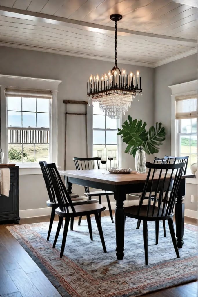 Farmhouse dining room with trestle table and industrial chandelier
