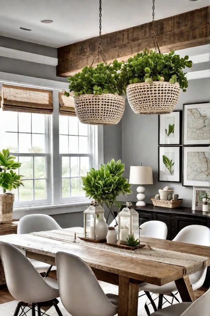 Farmhouse dining room with whitewashed table and vintage map