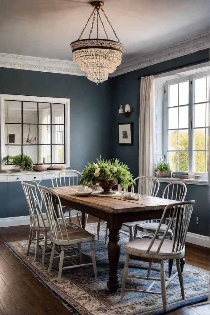 Farmhouse dining table with mismatched vintage chairs and oriental rug
