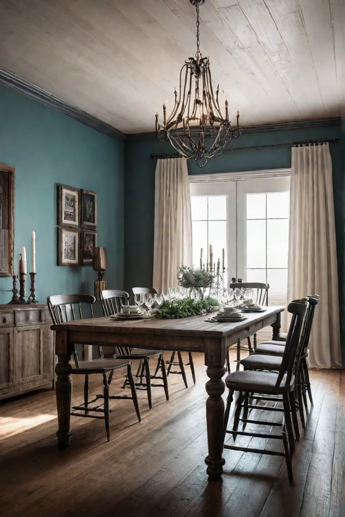 Farmhouse dining table with weathered patina and rustic charm