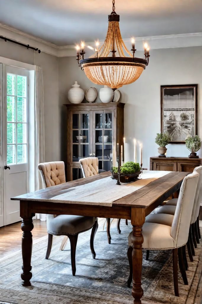 Farmhouse style dining area with jute rug and wooden accents
