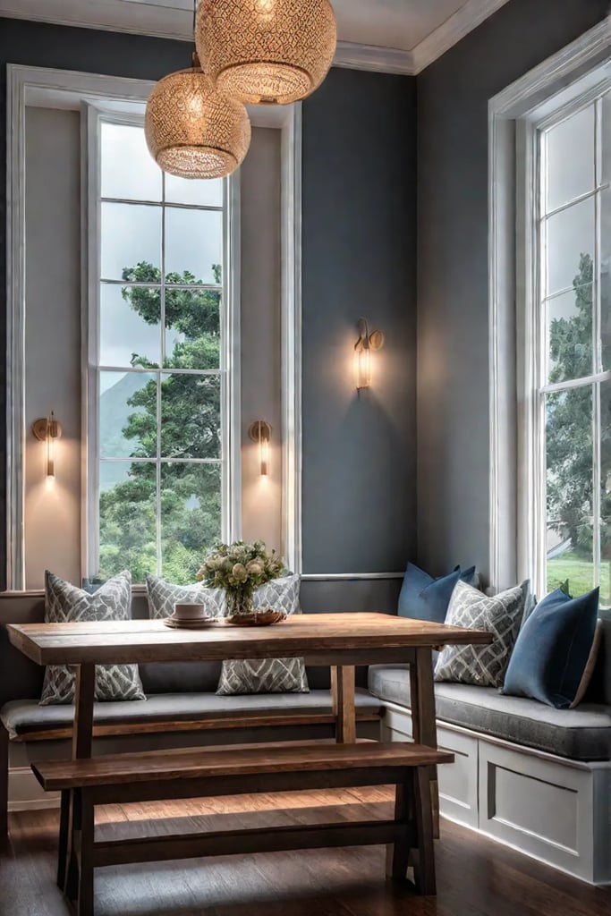 Farmhouse table and bench set against window with natural light