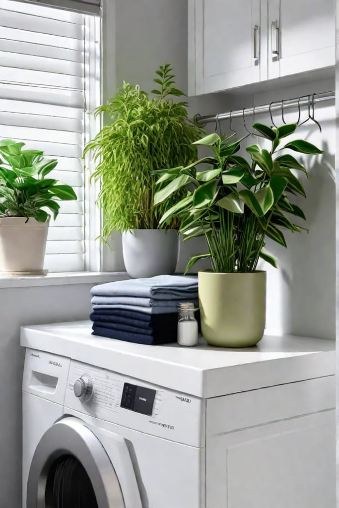 Folding area in a laundry room with a drying rack and folded clothes