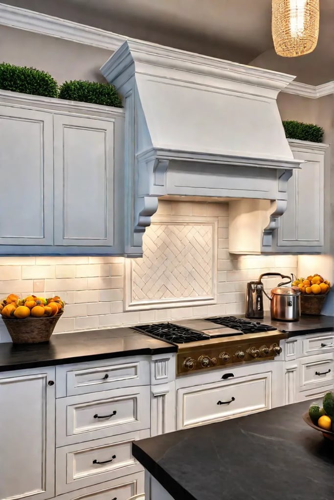 French country kitchen with black granite and copper accents