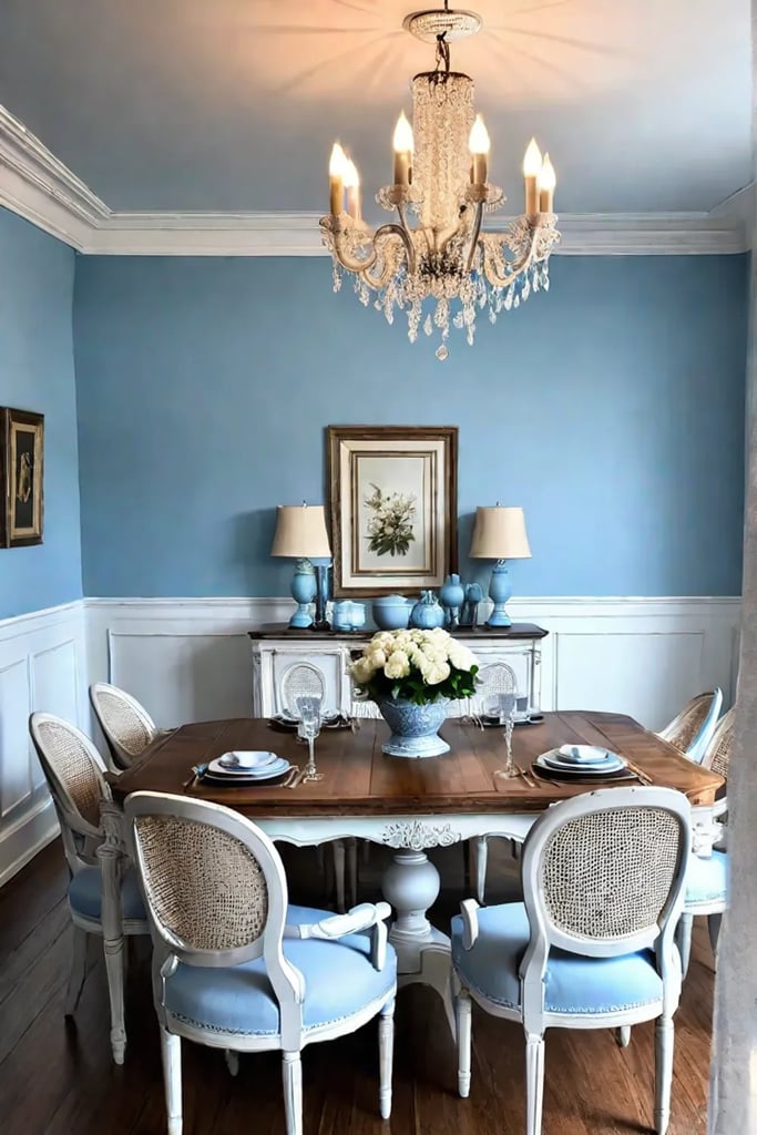 French country farmhouse dining room with caneback chairs