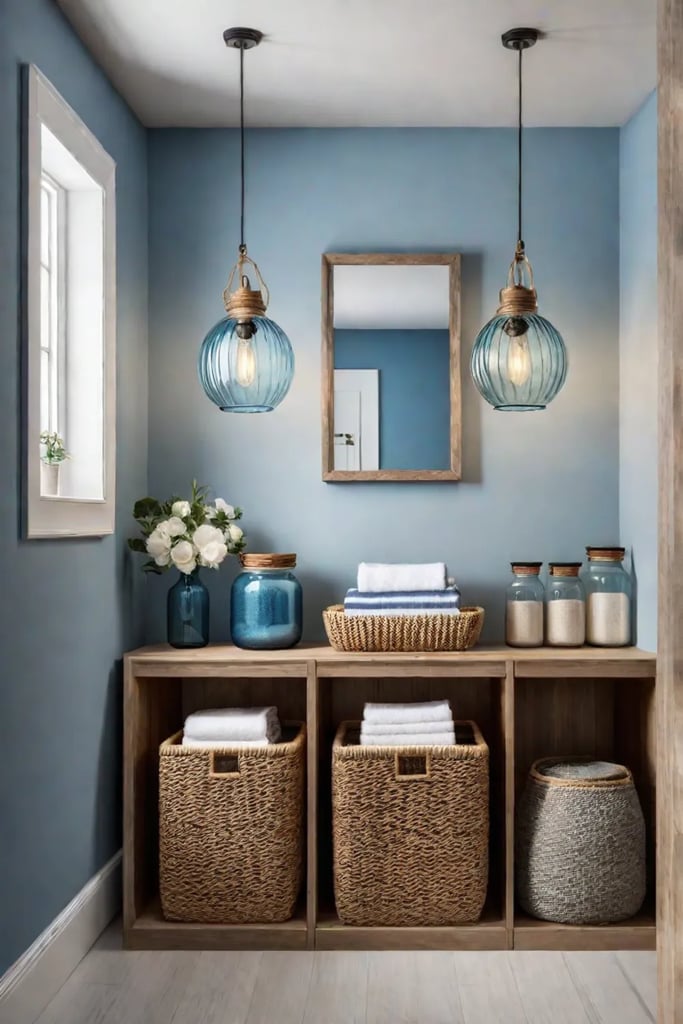 Functional laundry space with decorative baskets and statement lighting