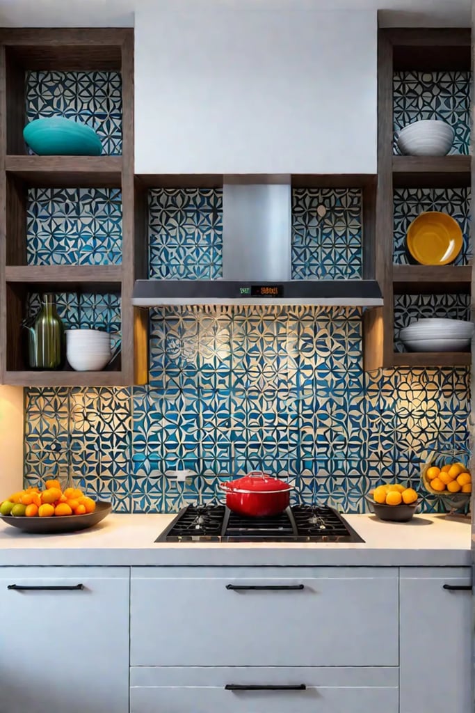 Geometric tile backsplash with open shelving and ceramics