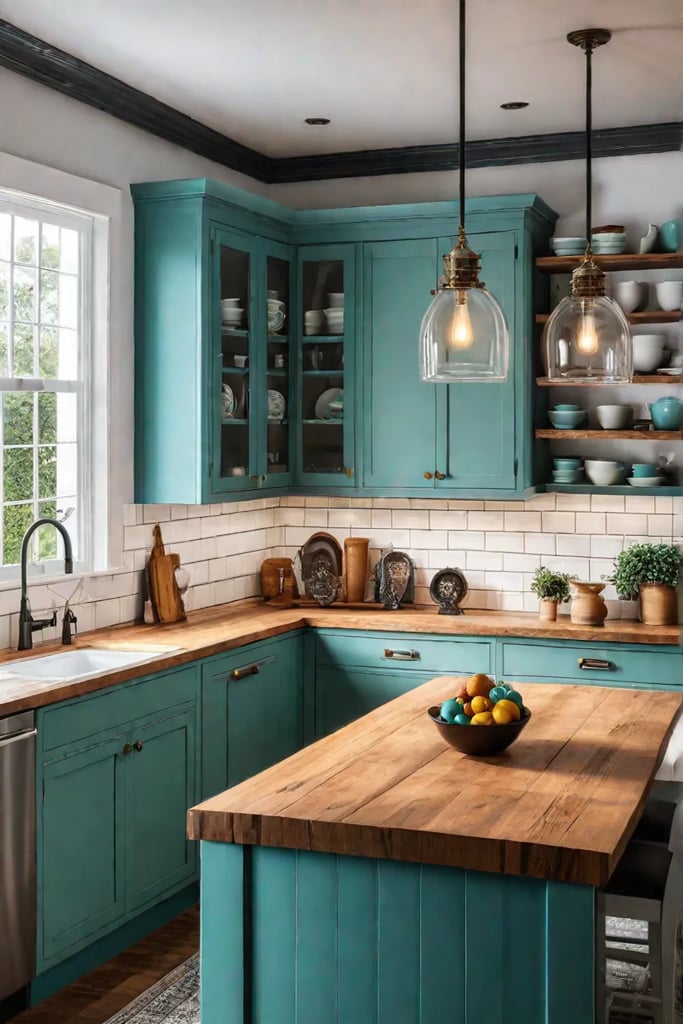 Glassfront cabinets displaying colorful dishware