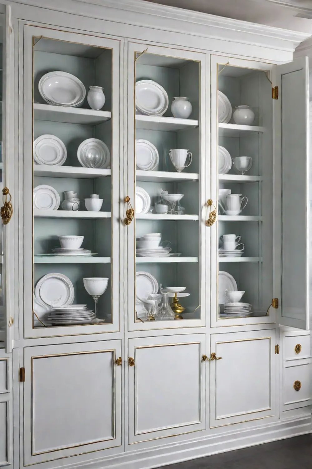 Glassfront cabinets with brass hardware