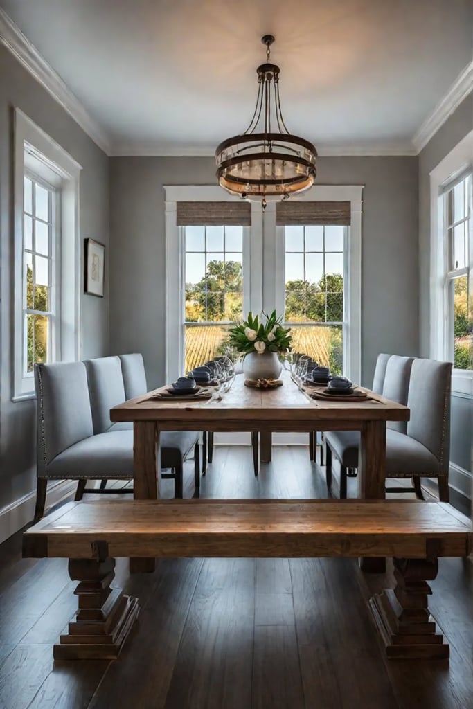 Inviting farmhouse dining area with mixed seating