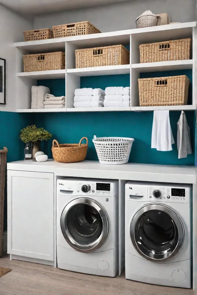 Kidaccessible storage with labeled bins for laundry supplies