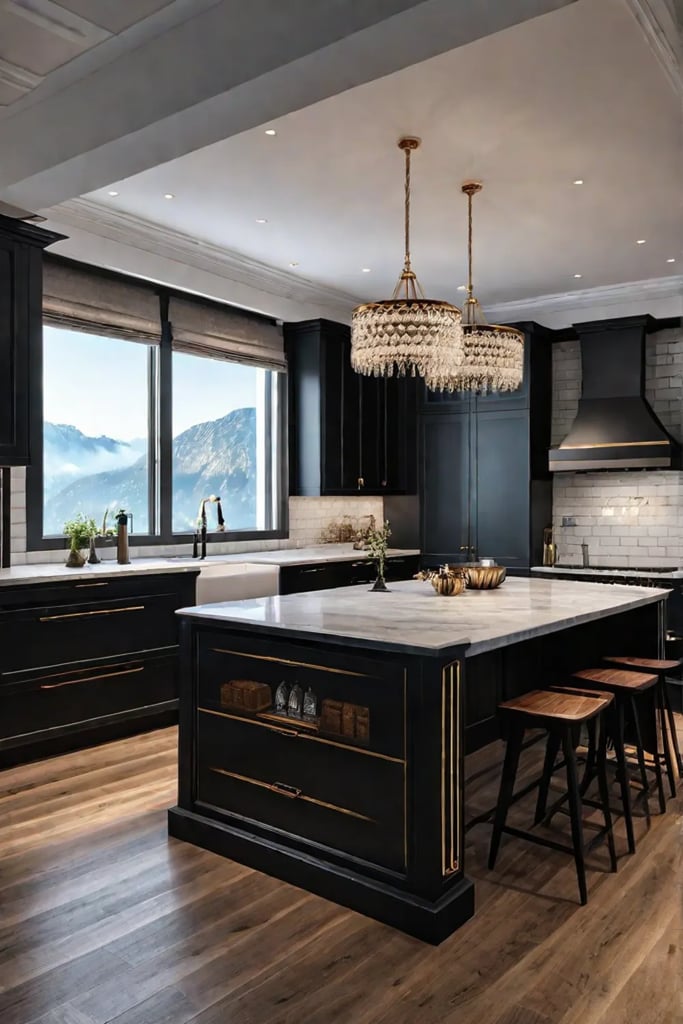 Layered lighting design in a traditional kitchen with chandelier pendants and recessed
