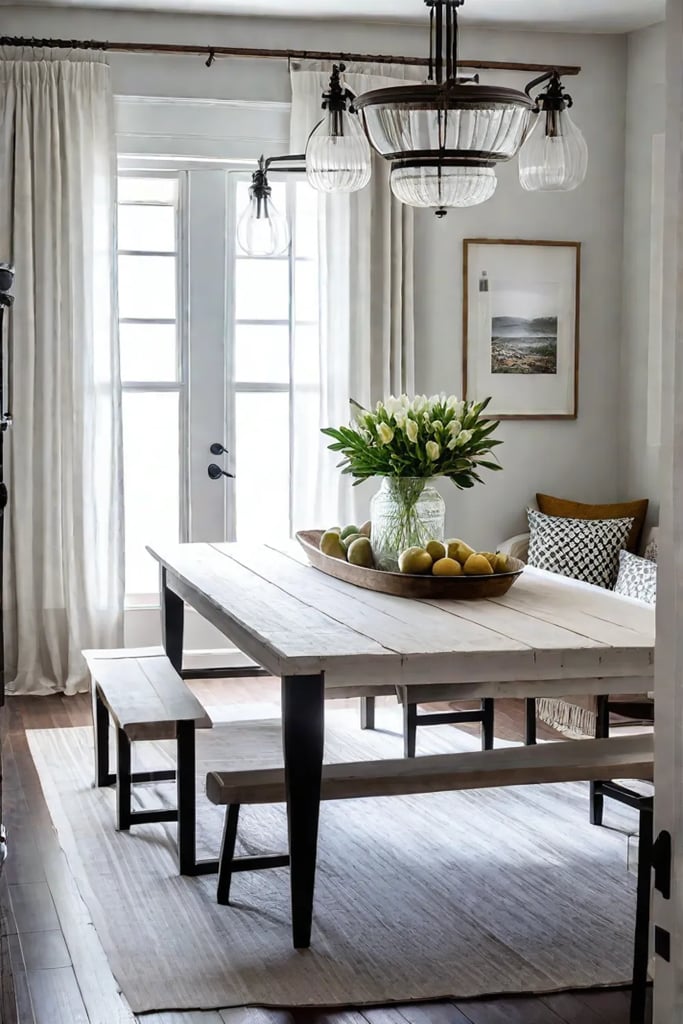 Light and airy farmhouse dining room with slipcovered benches