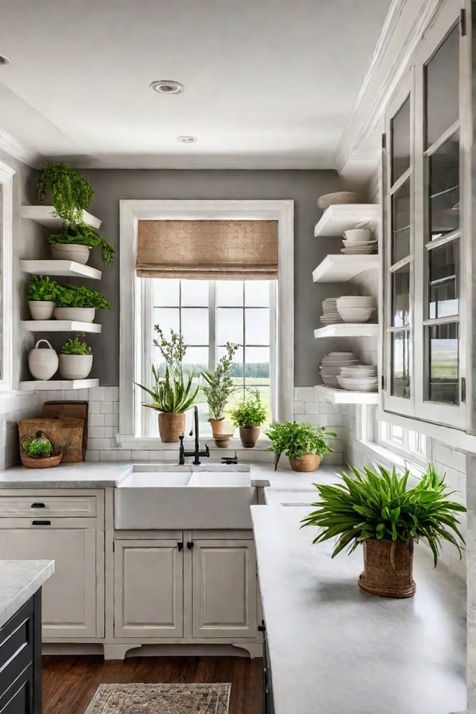 Lightfilled traditional kitchen with glazed white cabinets and gray quartz