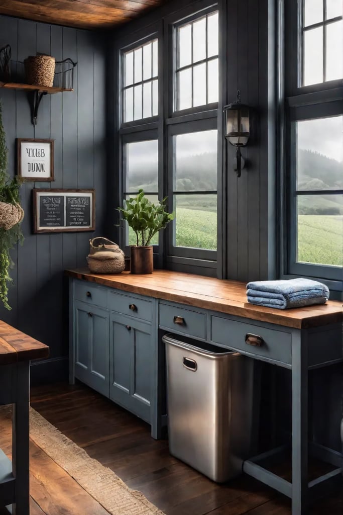 Lostandfound bin in a rustic laundry room with natural light