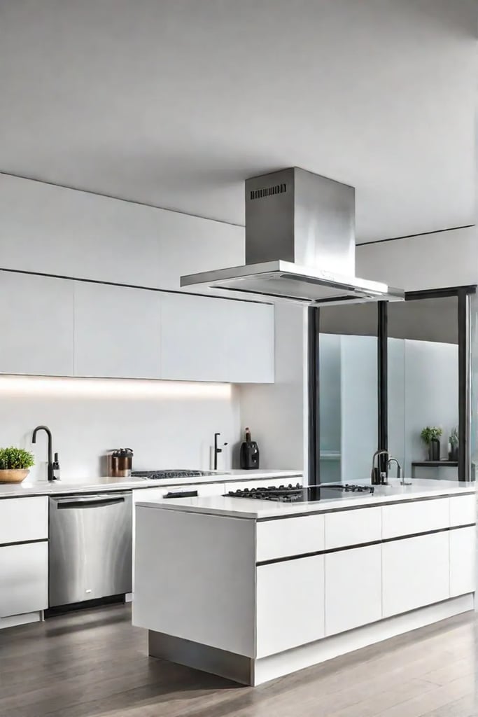 Minimalist kitchen with white MDF cabinets and integrated appliances 1