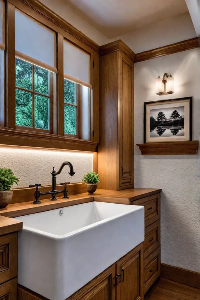 Oak cabinets with crown molding and farmhouse sink