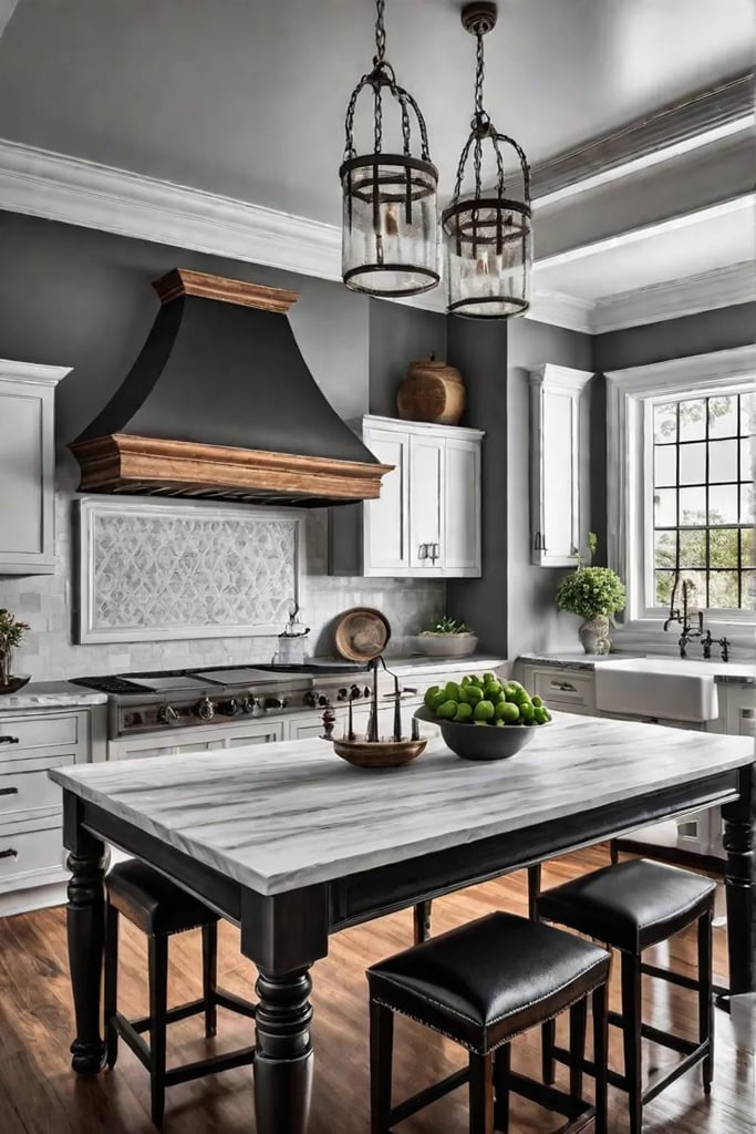 Repurposed antique dining table as a kitchen island