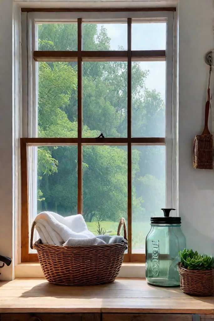 Rustic laundry room with open shelving and natural light