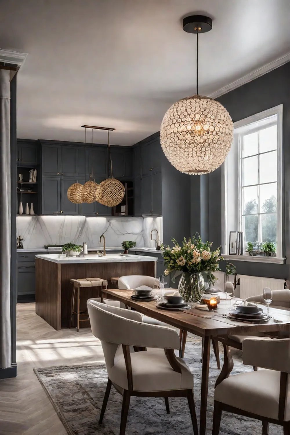 Traditional kitchen breakfast nook with natural and pendant lighting