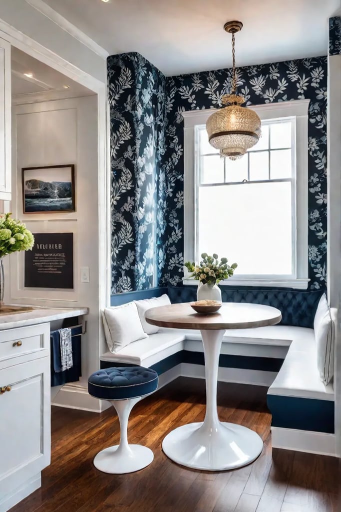 Traditional kitchen with a cozy breakfast nook and vintage botanical prints