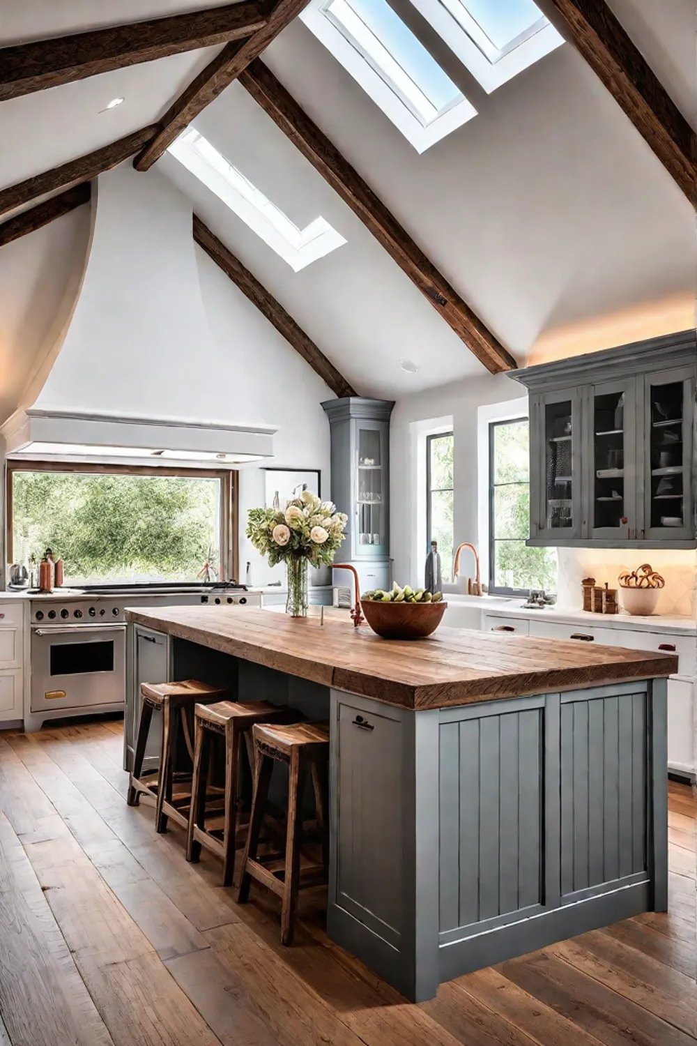 White beadboard cabinets in a farmhouse kitchen
