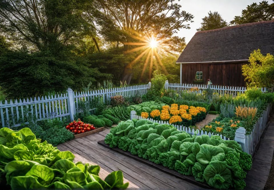 A lush backyard kitchen garden bursting with colorful vegetables and herbs bathedfeat