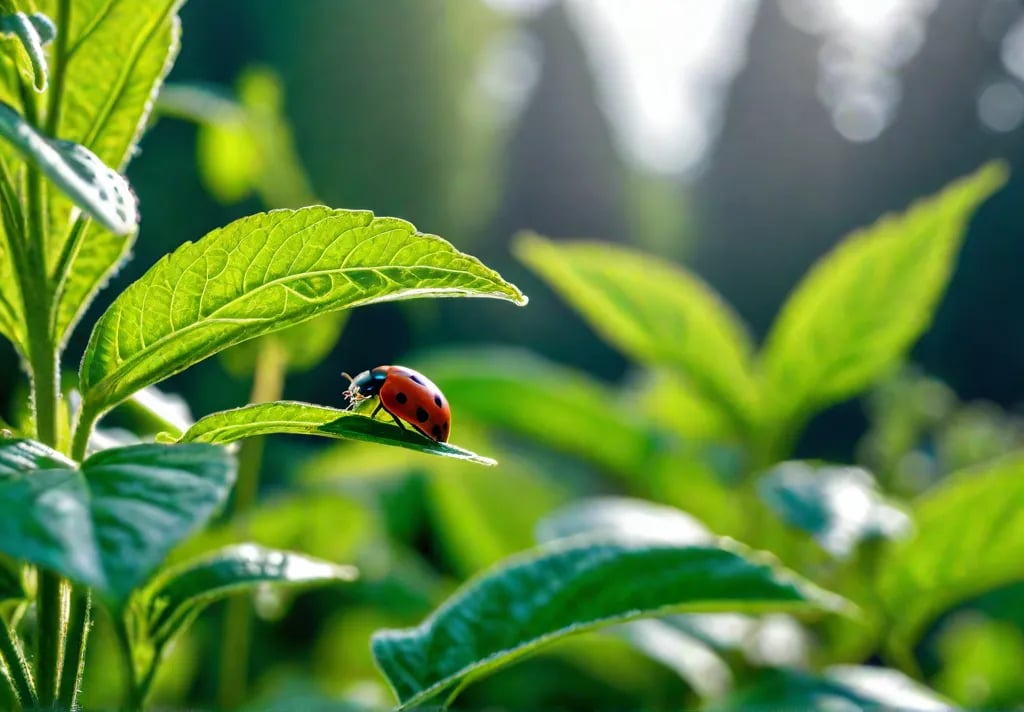 A lush vegetable garden bathed in golden sunlight with a ladybug perchedfeat