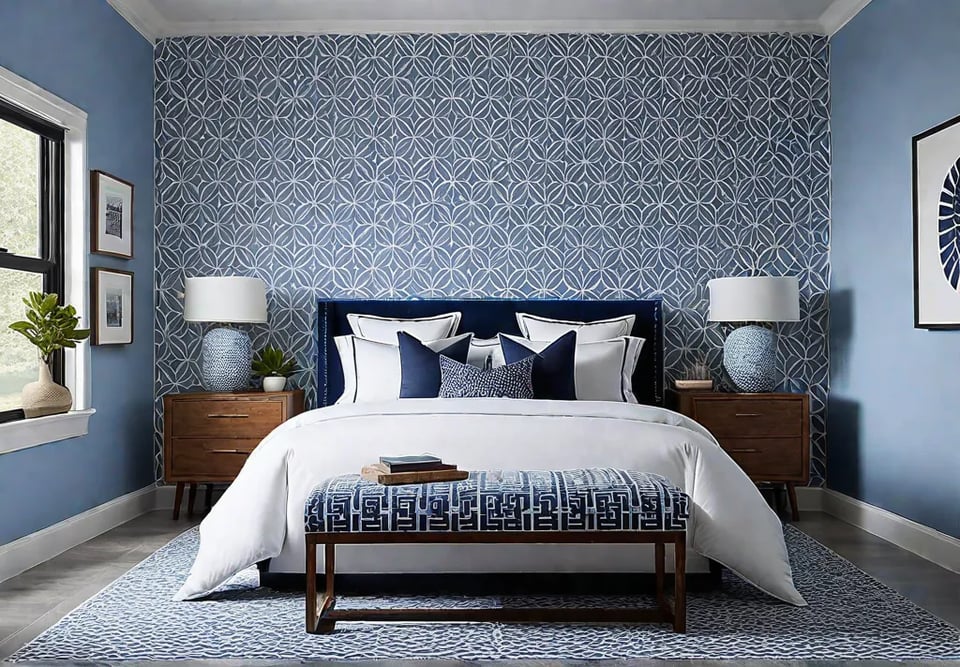 A serene bedroom with a calming blue accent wall featuring a stenciledfeat