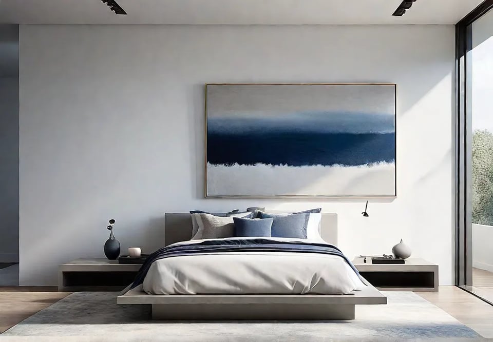 A serene minimalist bedroom with white walls a low platform bed andfeat