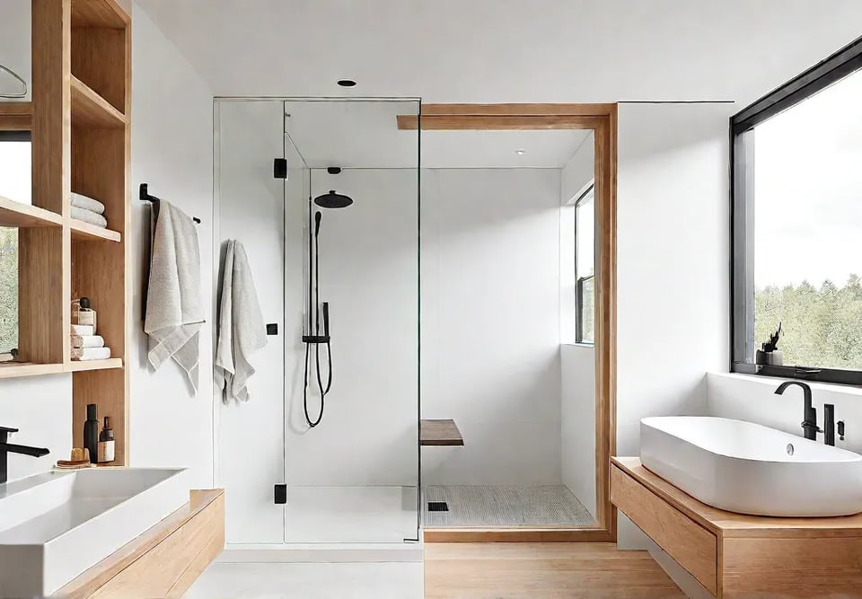 A small Scandinavian bathroom with white walls light wood accents a cornerfeat