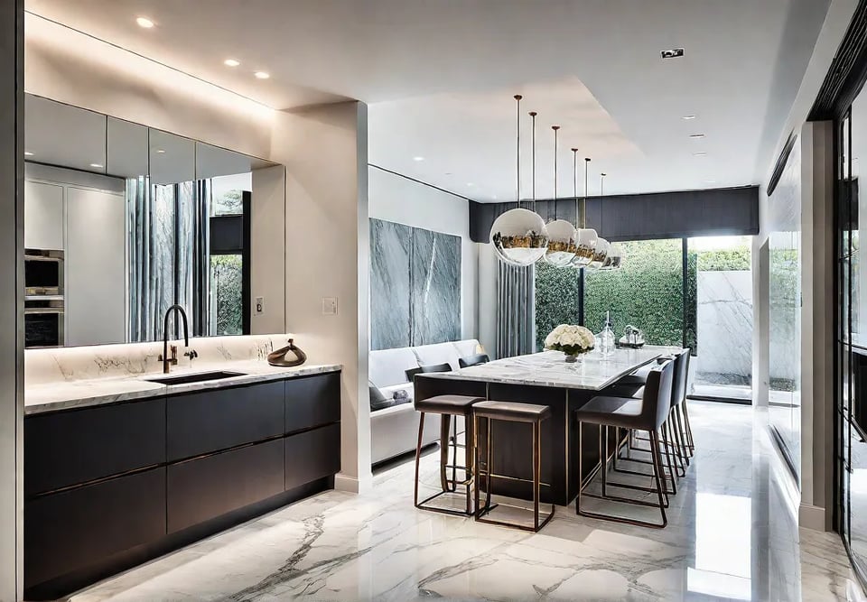 A small kitchen bathed in natural light streaming through sheer curtains highlightingfeat