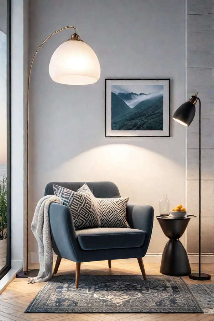 A comfortable armchair and rug create a relaxing corner in a minimalist kitchen