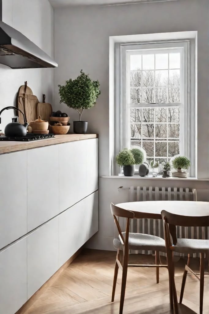 A mirror reflects light to enhance the sense of space in a small kitchen