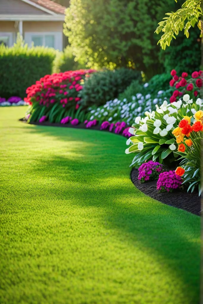 A sunkissed lawn surrounded by blooming flower beds