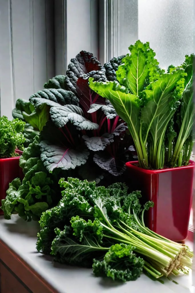 A vibrant green smoothie made with Red Russian kale banana and mango photographed against a bright window