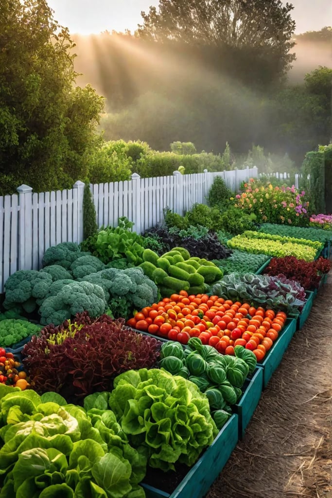 Abundant vegetable and herb garden with golden light