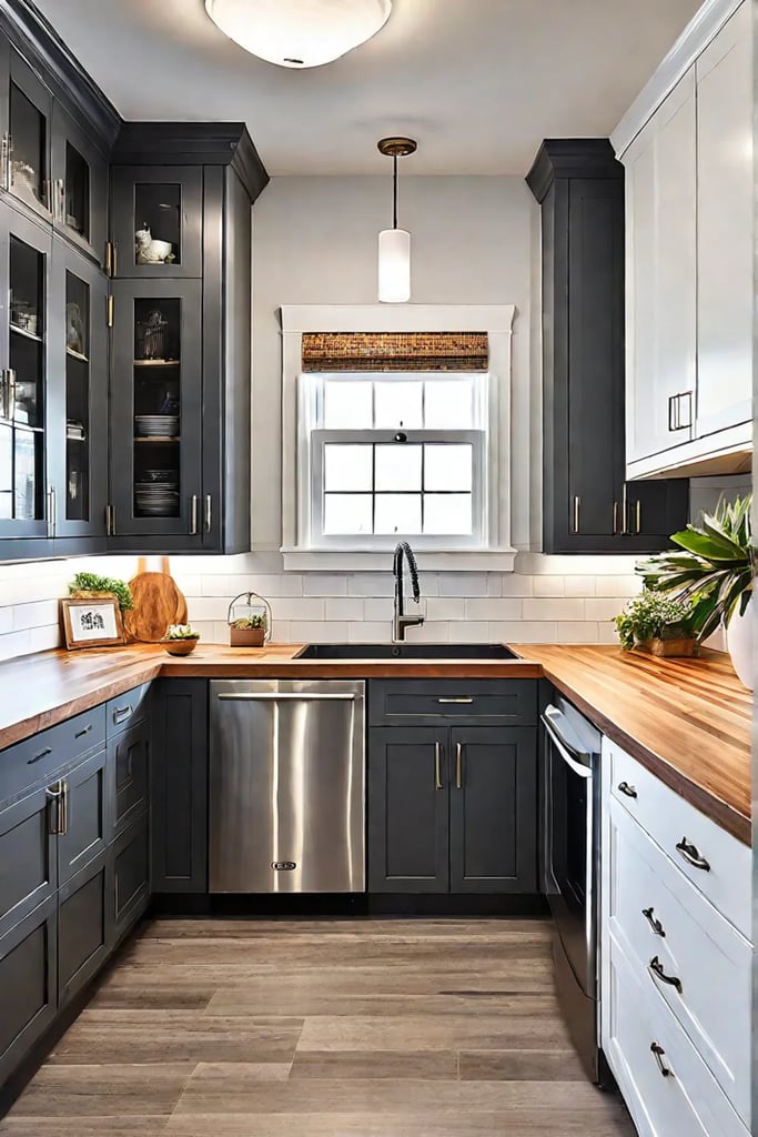 Art Decoinspired small kitchen with geometric patterned flooring black and gold accents mirrored backsplash and sleek cabinetry