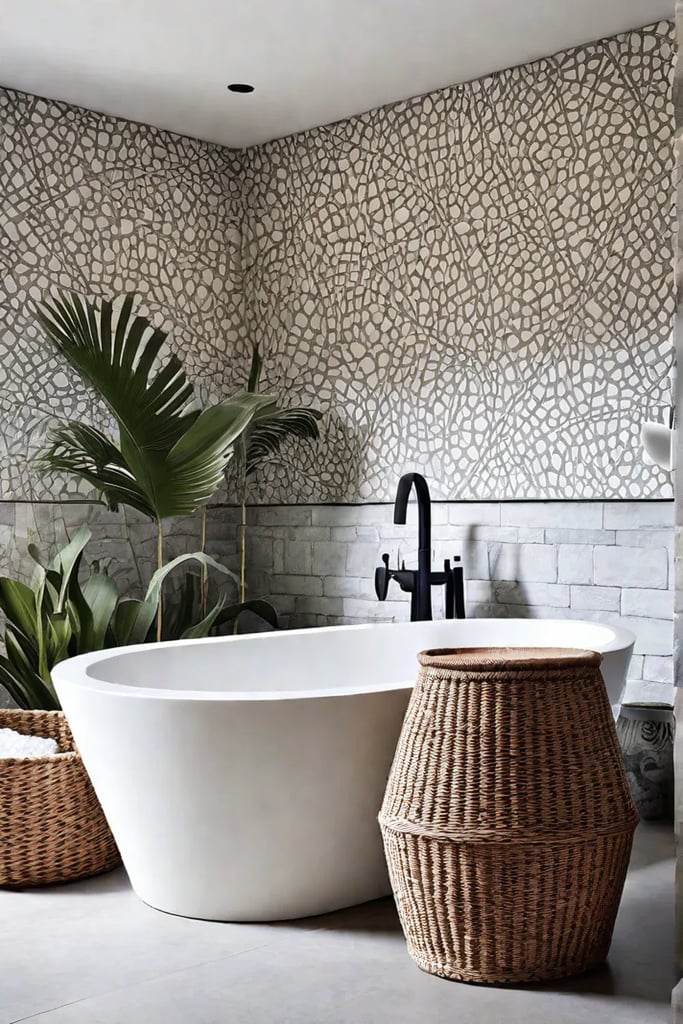 Artisancrafted bathroom with handpainted sink and stone bathtub