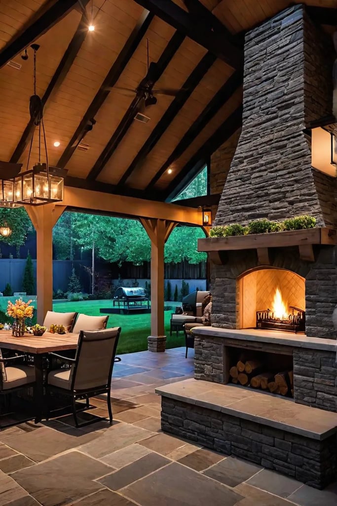 Backyard covered patio with dining area and outdoor kitchen