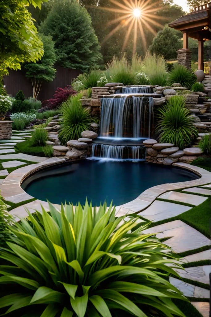 Backyard oasis with waterfall and pond