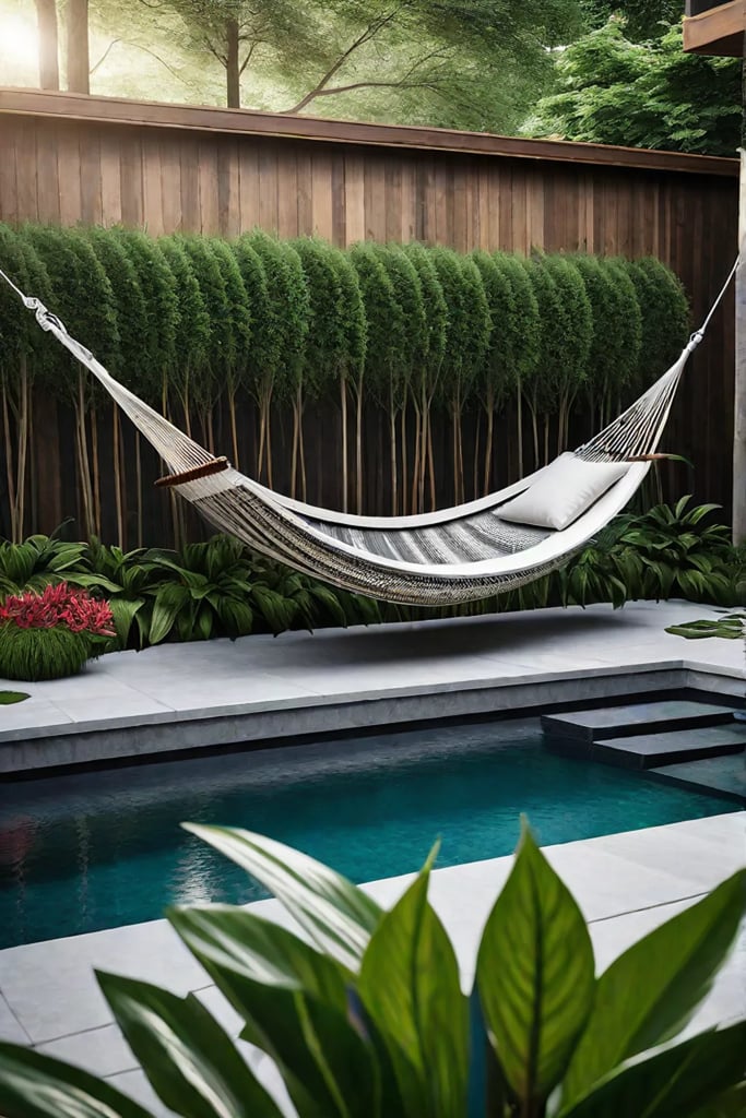 Backyard pond with waterfall and relaxation area