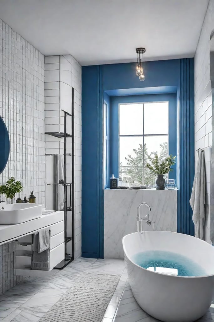 Balanced coastal bathroom with blue and white accents