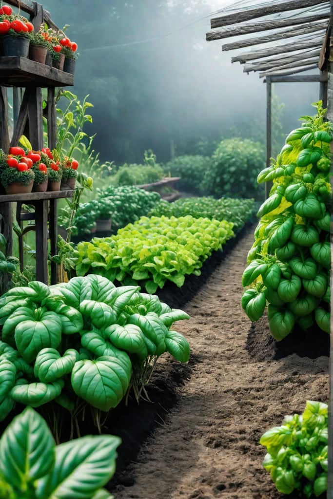 Basil and tomato plants growing together
