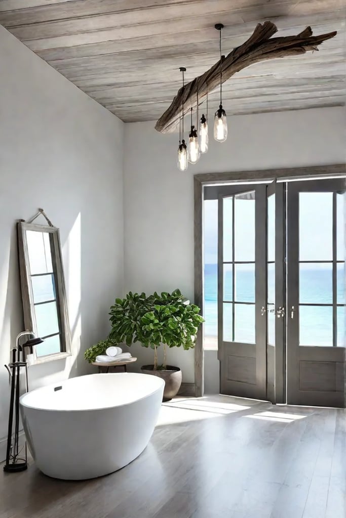 Bathroom with driftwood mobile