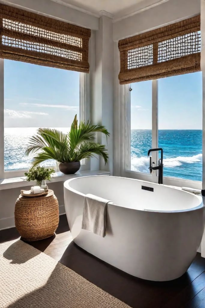 Bathroom with freestanding tub and ocean view