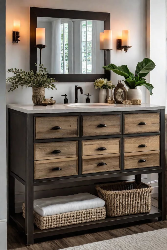 Bathroom with vintage dresser and driftwood accents