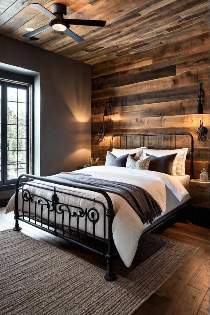 Bedroom with natural wood wall decor