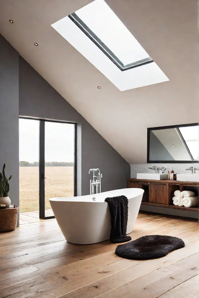 Bright Scandinavian bathroom with skylight and bathtub