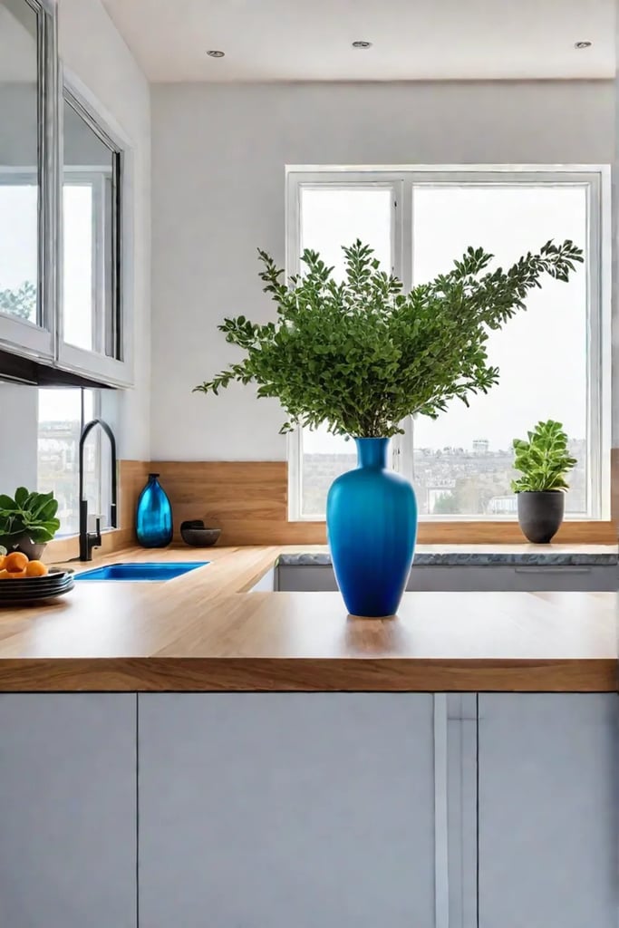 Bright Scandinavian kitchen with natural light and blue accents